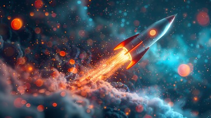 Illustration of a rocket breaking through digital barriers, symbolizing startup success in the tech industry - obrazy, fototapety, plakaty