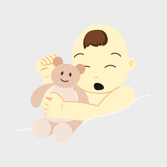 illustration of baby boy sleeping and hugging bear doll