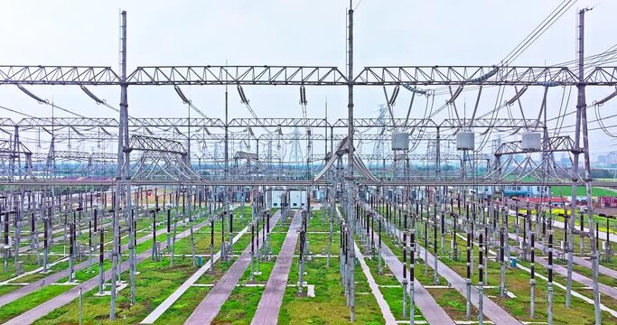Aerial shot of substation power tower equipment landscape