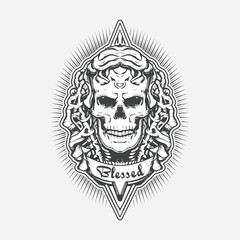 Intricately designed skull with ornate details in a vintage tattoo style with the word blessed