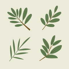 Set of green leaves and leaves on branches flat vector illustration isolated on white background