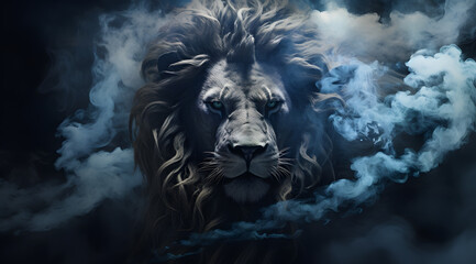 Lion head in white mysterious smoke or fog on black background