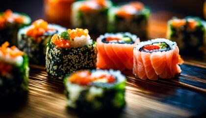 A close-up of a delectable sushi selection, with vibrant fish and caviar atop perfectly shaped rice, invoking a sense of culinary artistry and flavor. - obrazy, fototapety, plakaty