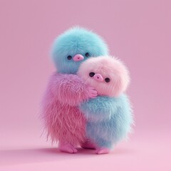 Fluffy Mammos tackling each other in a friendly game pastel colors background 3D Animation minimalist cute - obrazy, fototapety, plakaty