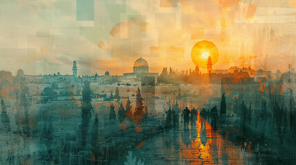 A Tisha BAv double exposure illustration combining solemn imagery of mourning and temple destruction with historical depictions of Jerusalem