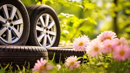 Summer tires in the blooming spring in the sun 