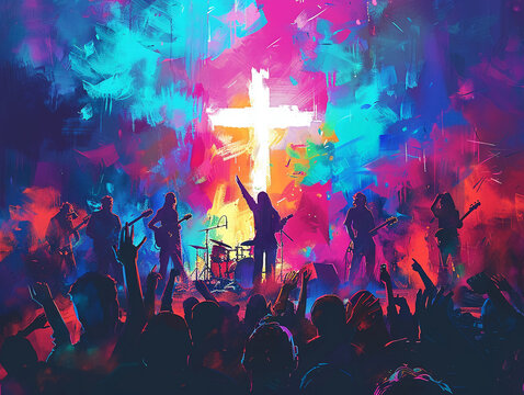 A vibrant illustration of a Christian music concert with a band on stage beneath a glowing cross