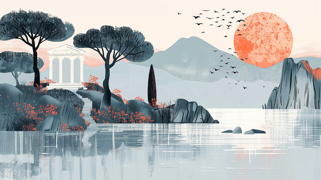 Beautiful creative textured graphic summer landscape with antique Greek palace, mountain, trees and lake. Flat style illustration.