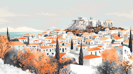 Beautiful creative textured graphic summer landscape with antique Greek acropolis standing on a hill surrounded by ancient houses. Flat style textured illustration.