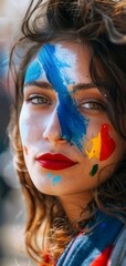 white woman with face painted the flag of France. in high resolution and high quality. aspect ratio 9:16 wallpaper