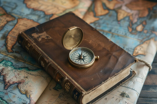 Bible and Compass on a World Map