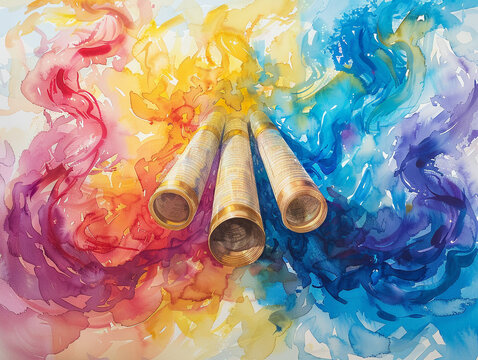 A watercolor artwork for Simchat Torah expressing the joy of the holiday through vibrant colors swirling around Torah scrolls