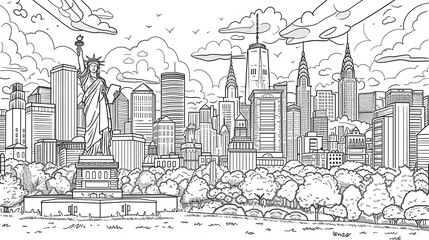 An adult coloring book page featuring New York City displaying the Statue of Liberty