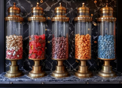 Array of candy dispensers showcasing vibrant candies in glass tubes at the forefront - Powered by Adobe