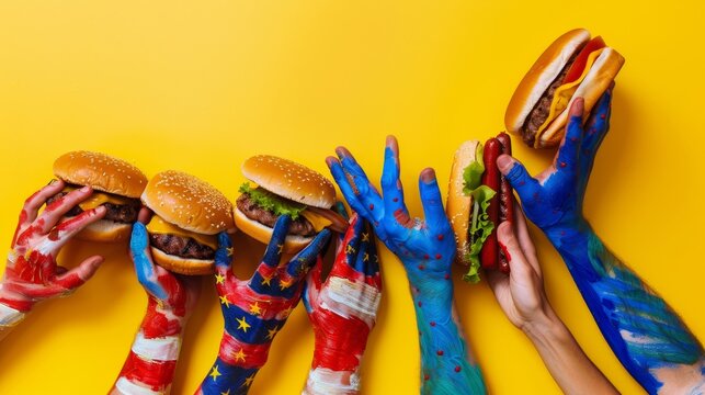 Dramatic pop art tableau of burgers and hot dogs in patriotically painted hands against a yellow canvas