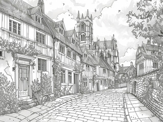 An adult coloring book page of the quaint town of Canterbury showcasing the Canterbury Cathedral