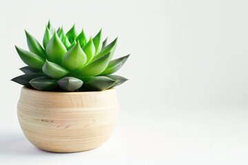 A small green succulent plant grows in a wooden pot on a white background