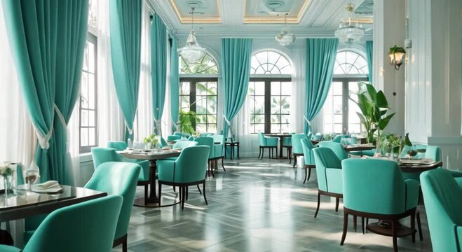restaurant hall with chairs and white walls footage