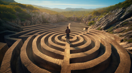 A lone man figures out his path standing at the heart of an intricate, sprawling labyrinth surrounded by natural landscape