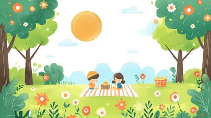 Little boy and girl on a picnic in a park clearing with a checkered tablecloth and a basket of food enjoying nature, togetherness and silence