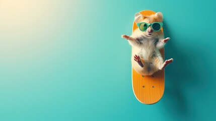 A small funny hamster in sunglasses lies on a skateboard in a relaxed state. Summer activities and laziness - obrazy, fototapety, plakaty