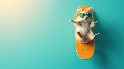 Tuinposter A small funny hamster in sunglasses lies on a skateboard in a relaxed state. Summer activities and laziness © Natalia S.