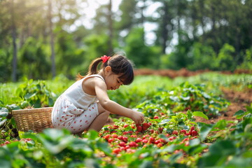 A little girl picking berries. U-Pick Farms concept