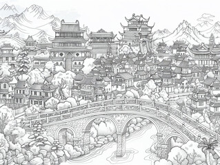 An adult coloring page of the ancient city of Lijiang with its winding canals