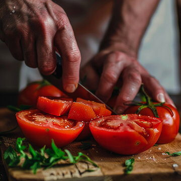 Image focusing on hands skillfully slicing through ripe tomatoes, with each slice showcasing the freshness and juiciness