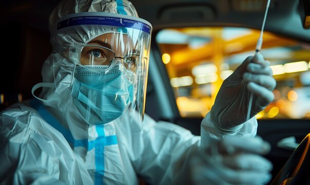 Medical professional in protective gear collects samples using a swab from a driver inside a vehicle