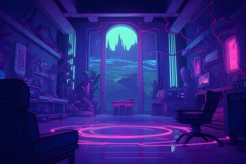 Synthwave-Inspired Retro Gaming Hideaway: A Chill 80's Fortnite Fortress - obrazy, fototapety, plakaty