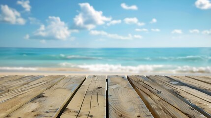Fototapeta premium The blur cool sea background with wood floor foreground on horizon tropical sandy beach; relaxing outdoors vacation with heavenly mind view at a resort deck touching sunshine, sky surf summer clouds.