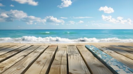 Fototapeta premium The blur cool sea background with wood floor foreground on horizon tropical sandy beach; relaxing outdoors vacation with heavenly mind view at a resort deck touching sunshine, sky surf summer clouds.