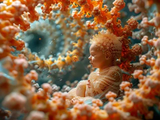 Fotobehang An evocative 3D illustration portraying a fetus surrounded by a backdrop of spiraling DNA and abstract virus forms © MIA Studio