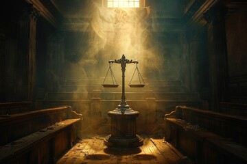 Scales of justice, the lone source of light in a dark courtroom, casting long shadows Symbolic of judiciary power - obrazy, fototapety, plakaty
