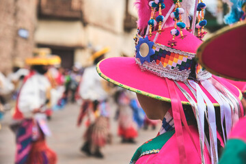 Typical costumes celebrate in honor of the Virgin of Carmen, in the plaza of Cusco, July 22, 2023,...