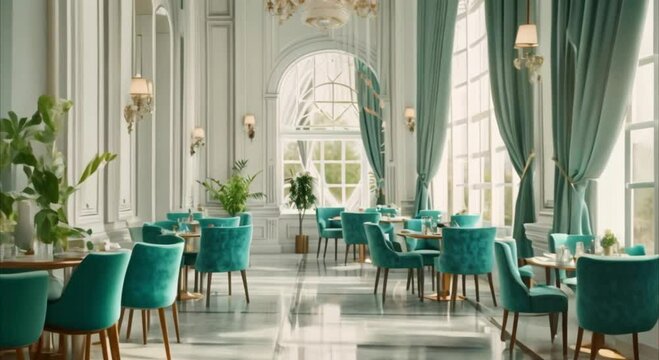 restaurant hall with chairs and white walls footage