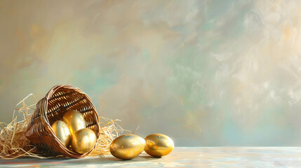 Golden eggs and the basket, investment concept of don't put eggs in one basket, diversify on investment and portfolio management