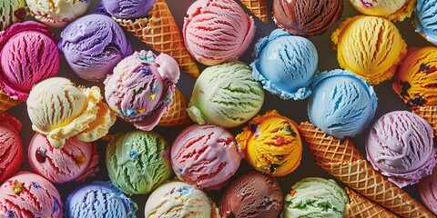 Ice cream cones, close-up, colorful scoops, cool treat summer frame