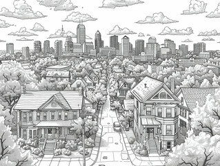 coloring pages for adults aerial axonometric view of neighborhoods in Columbus Ohio with city skyline and Scioto Mile in the background with bike paths