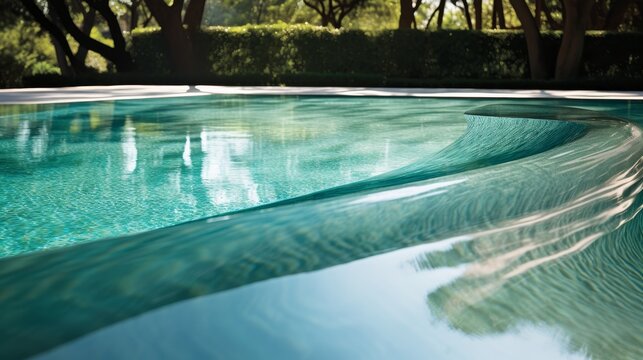 The aqua pool reflects the refreshing summer sunlight