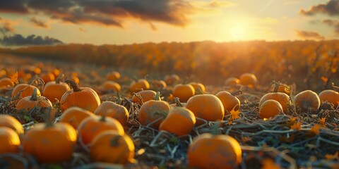 Pumpkin patch at sunset, golden hour light, quintessential fall frame background 