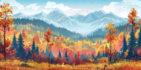 Mountain landscape, trees in fall colors, panoramic view for seasonal banner 16