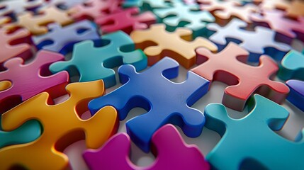 A colorful jigsaw puzzle with pieces in various shades of blue, red, yellow - 776109338