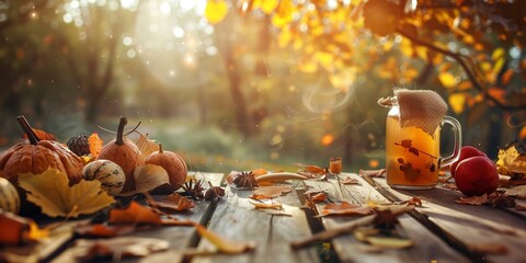 Rustic wooden table with hot cider, cozy autumn mood for frame  - obrazy, fototapety, plakaty