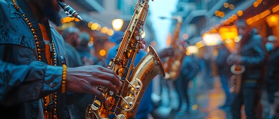 Street Musicians Play Upbeat Jazz Music During Mardi Gras with Saxophones, Trumpets, and Trombones....