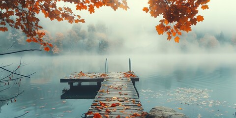 Fog over lake, dock with orange leaves, tranquil fall morning banner  - obrazy, fototapety, plakaty