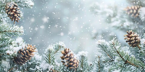 Pine cones and fir branches, soft snow cover, natural winter banner 