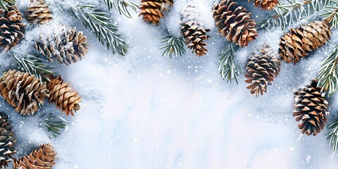 Pine cones and fir branches, soft snow cover, natural winter banner