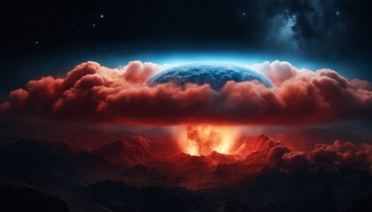 An apocalyptic vision with vibrant blue energy shield enveloping a mountain range under a dramatic red sky, suggestive of a sci-fi defense scenario - obrazy, fototapety, plakaty